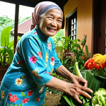 **

Prompt: A warm, smiling Malaysian elderly woman tending to a vibrant home garden filled with colorful flowers and vegetables. She wears a comfortable baju kurung and a headscarf. Sunlight streams through the leaves, highlighting the details of her wrinkled hands gently caring for the plants. The background shows a cozy, traditional Malay-style house. Focus on conveying a sense of peace, contentment, and connection to nature.

**