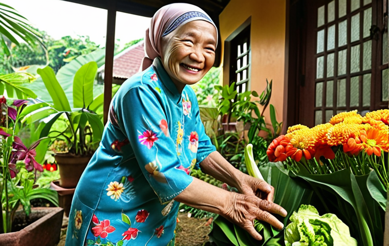 **
Prompt: A warm, smiling Malaysian elderly woman tending to a vibrant home garden filled with colorful flowers and vegetables. She wears a comfortable baju kurung and a headscarf. Sunlight streams through the leaves, highlighting the details of her wrinkled hands gently caring for the plants. The background shows a cozy, traditional Malay-style house. Focus on conveying a sense of peace, contentment, and connection to nature.
**